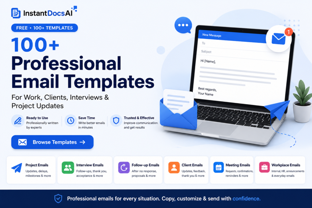 Professional Email 2 Professional Email Templates featuring 100+ business email examples for work, project updates, client communication, interviews, follow-up emails, meeting requests, and workplace emails.