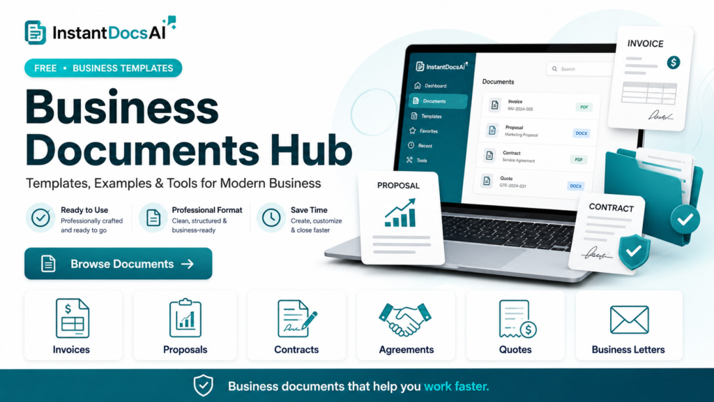 Business Documents 2 Business Documents Hub featuring templates and examples for invoices, proposals, contracts, quotes, receipts, client emails, statements of work, and small business documents.