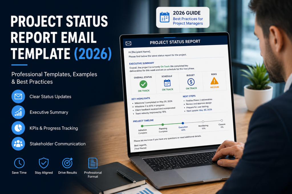 Project Status Report Email Template example showing project progress, milestones, risks, KPIs, and stakeholder updates.