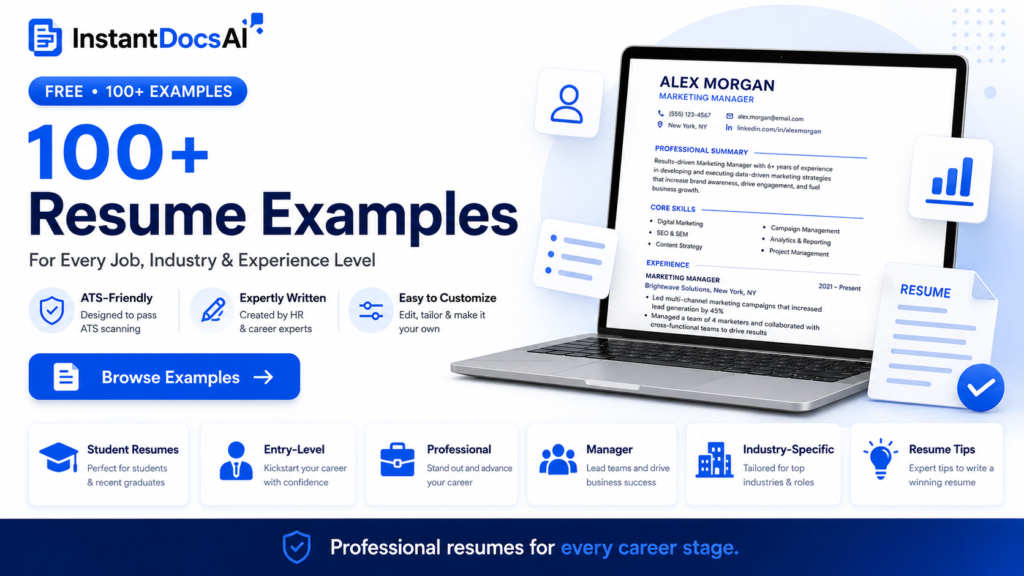 Resume Examples hub featuring professional resume samples, ATS-friendly resume templates, resume writing guides, student resumes, job title examples, and AI resume tools for job seekers in 2026.