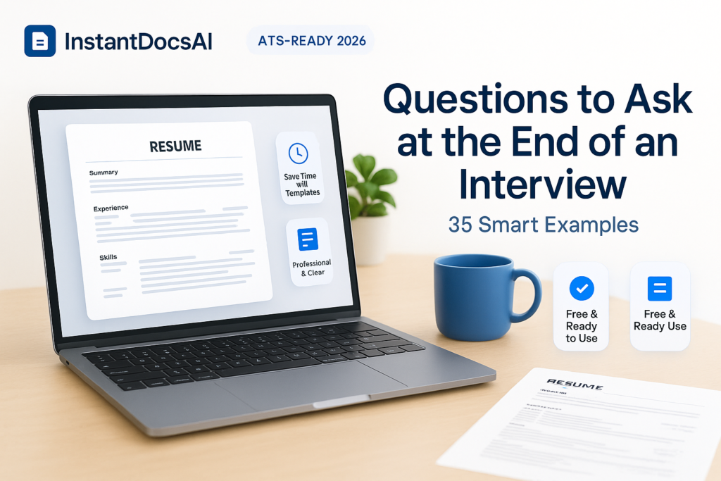 Titlu: Questions to Ask at the End of an Interview: 35 Smart Examples for 2026 Categorie: Career Documents Lungime: ~1.582 cuvinte Status: Draft Slug: questions-to-ask-at-the-end-of-an-interview Focus keyword: questions to ask at the end of an interview