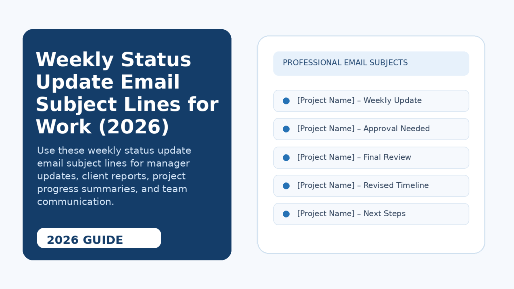 Weekly Status Update Email Subject Lines for Work (2026) 2 Weekly Status Update Email Subject Lines for Work (2026) examples for professional project and workplace email communication.